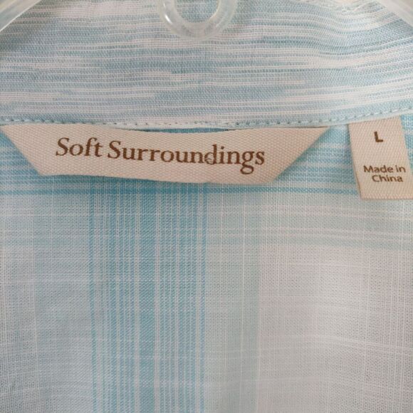 Soft Surroundings Parker Plaid Tunic Top Large Aqua Button Front Pockets Spring - Picture 7 of 8